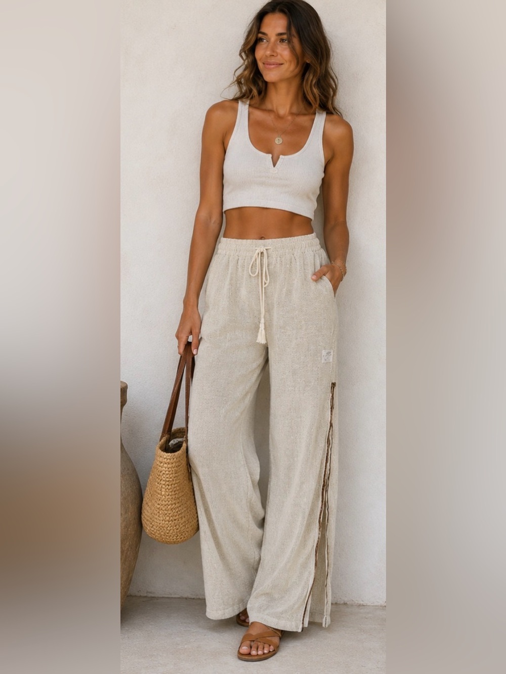 TURKS & CAICOS LINEN-LOOK MESH PANTS WITH SIDE GOLD TRIM